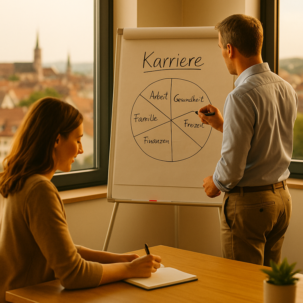 Coaching Bamberg – Ein Coach steht am Flipchart und schreibt das Wort ‚Karriere‘, während eine Klientin aktiv teilnimmt. Im Hintergrund ein großes Fenster mit Blick auf die Altstadt von Bamberg bei warmem Abendlicht.