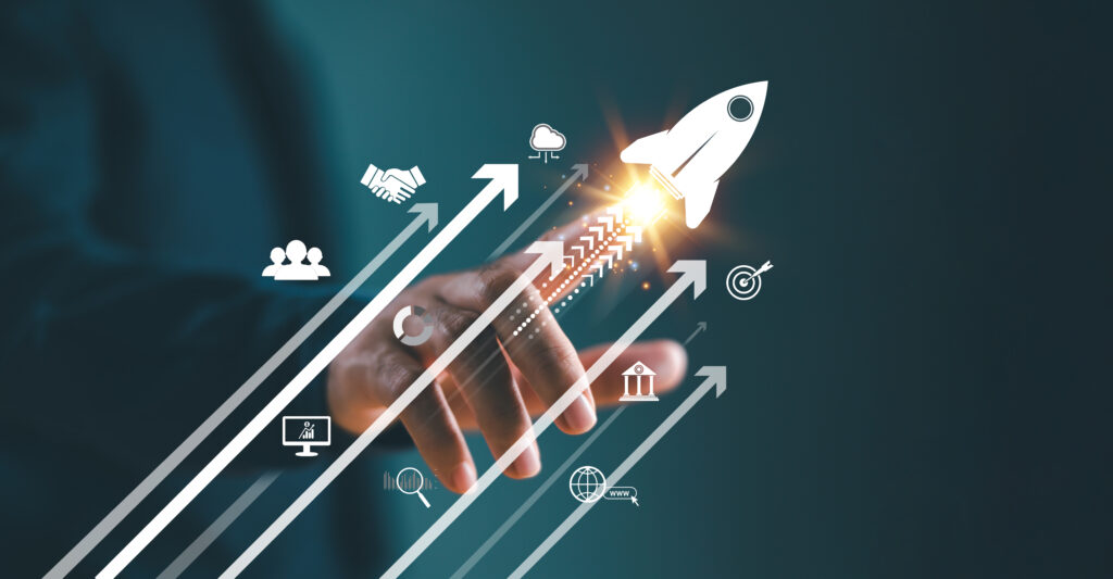 Geschäftswachstum und Digitalisierung – Rakete als Symbol für Unternehmenserfolg durch Prozessoptimierung